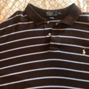 Brown with Blue and white polo shirt